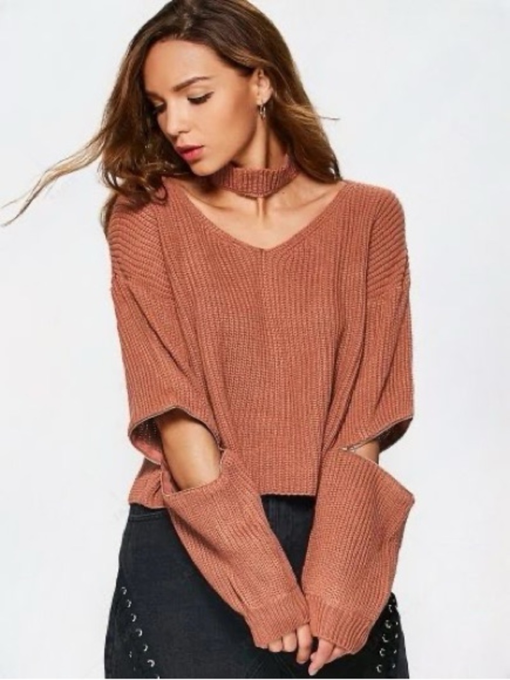 Zipper Sleeve V-Neck Sweater